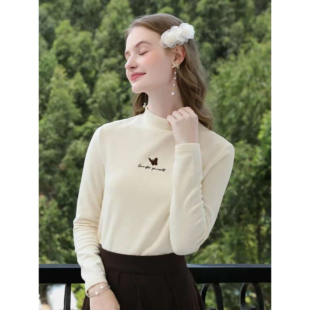 High-Necked Veet Warm Embroidered Bottoming Shirt Women's Autumn Winter Slim-Fitting Inner Top