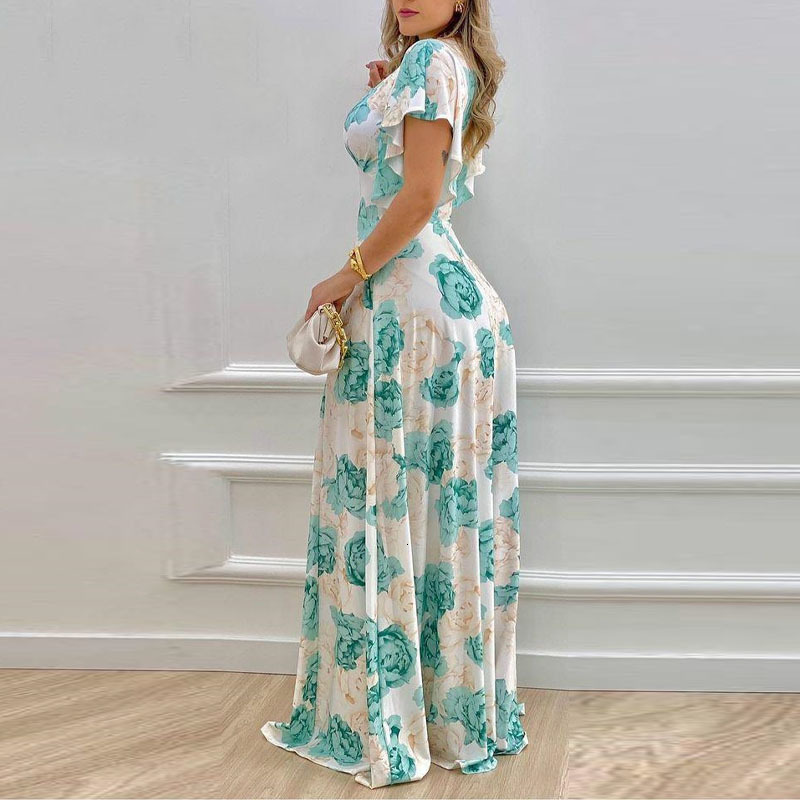 2025 Spring/Summer New Womens V-neck Printed Long Skirt with Temperament Commuting High Waist Dress