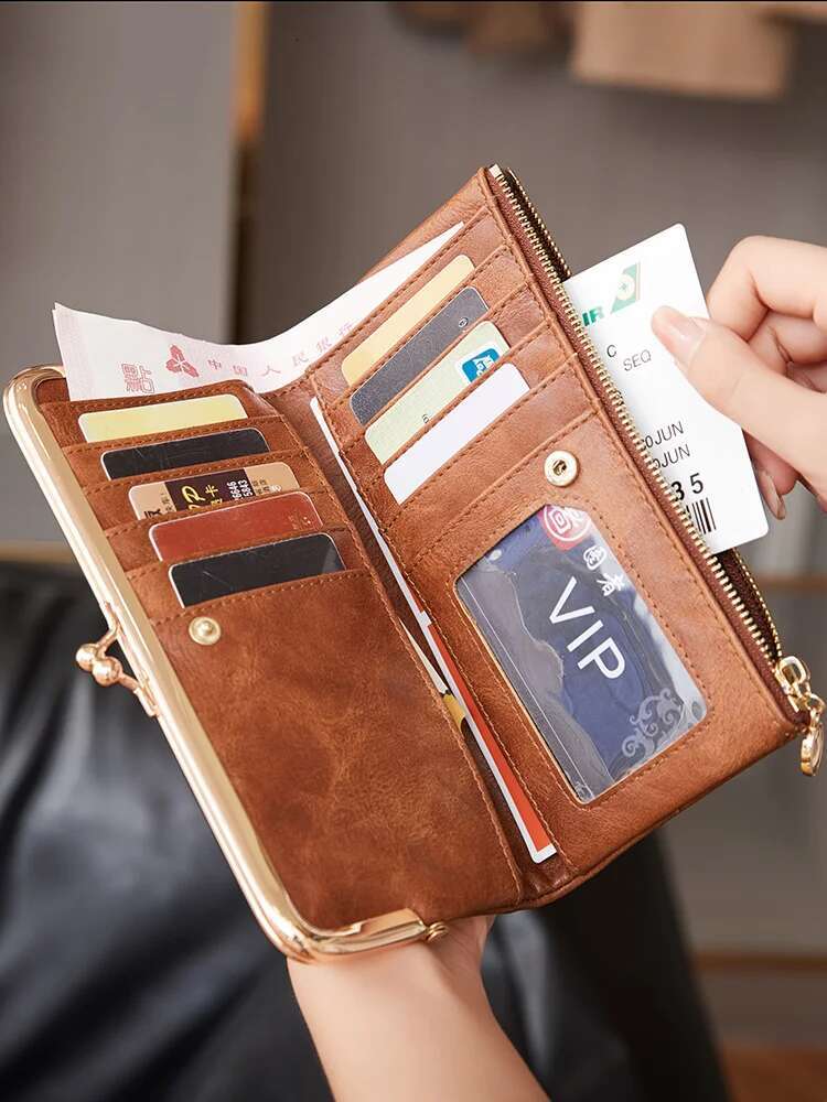2025 new solid color multifunctional long wallet retro tote bag coin wallet designer women's card clip zipper wallet2