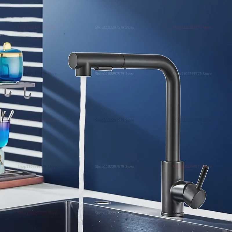 Black and Silver Pl Out Kitchen Faucet with Telescopic Spout Dual Spray Mode Stainless Steel Hot Cold Water Faucet for Kitchen Y251104