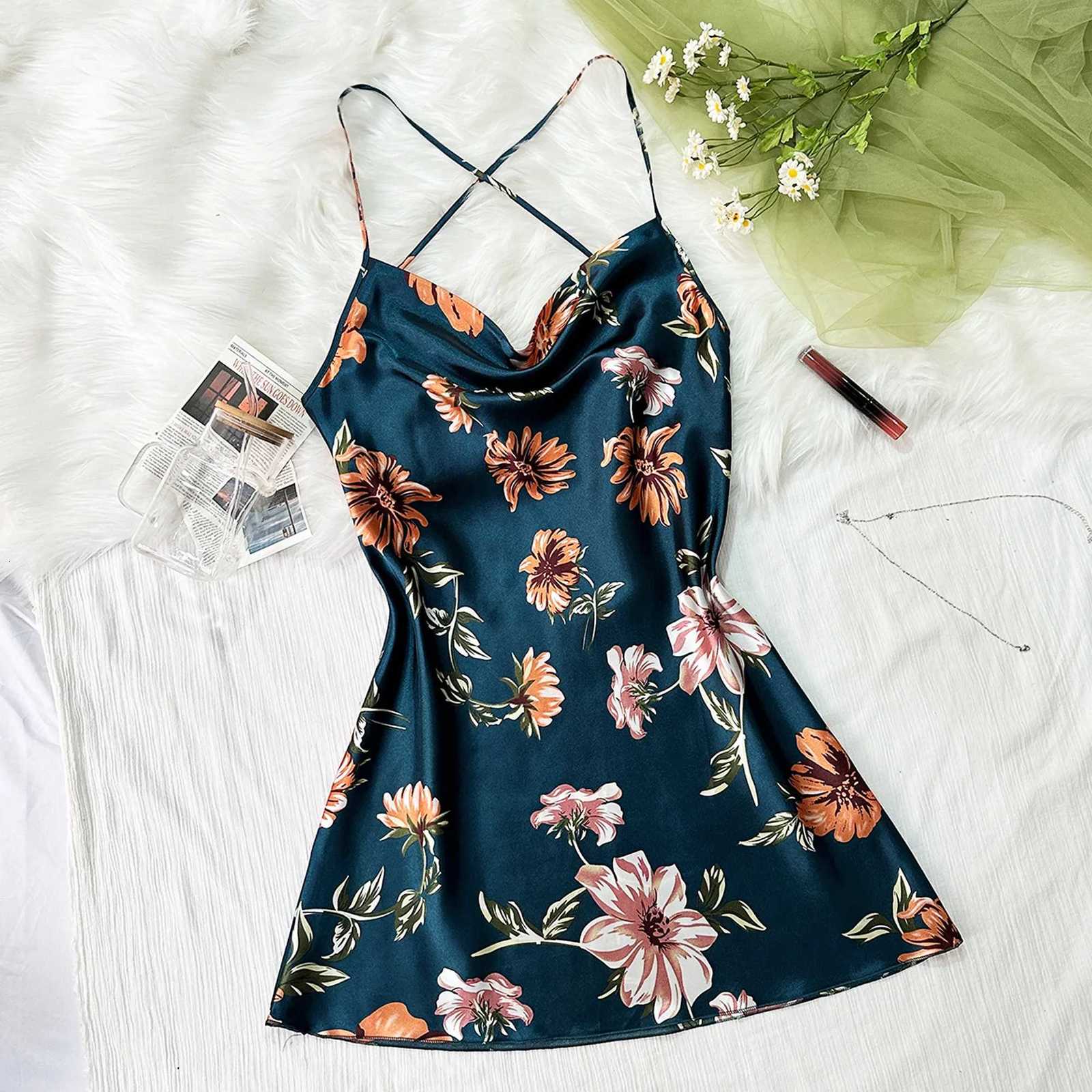 Designer Summer slip dress in thin ice silk nightdress imitation silk sexy print halter slip nightdress women Y251104