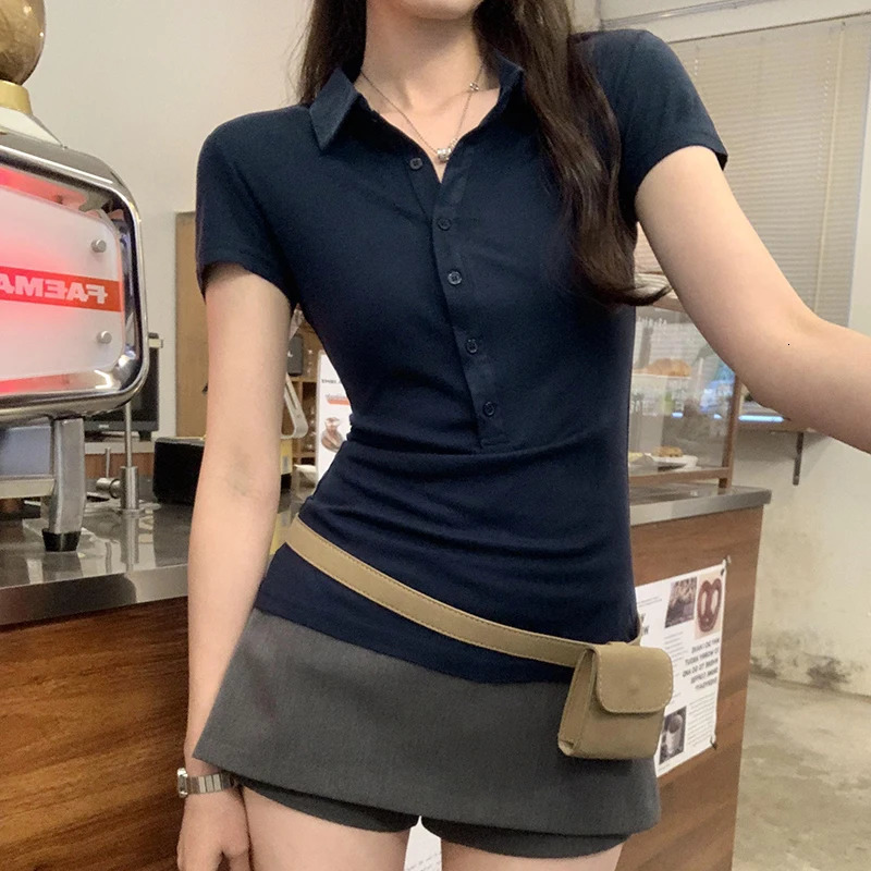 2025 Summer Polo Collar Womens T-shirts Solid Buttons Short Sleeve Bottom Korean Shirts Slim Knitwear Tops Female 250403