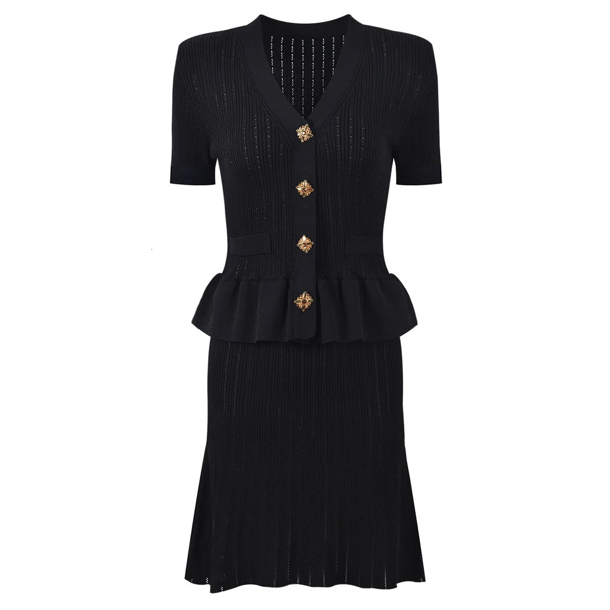 ZJYT Womens Summer Knitted Sweater 2025 Short Sleeve Vneck Ruffle Crystal Button Elegant Party Dress Yellow Blue 250403e