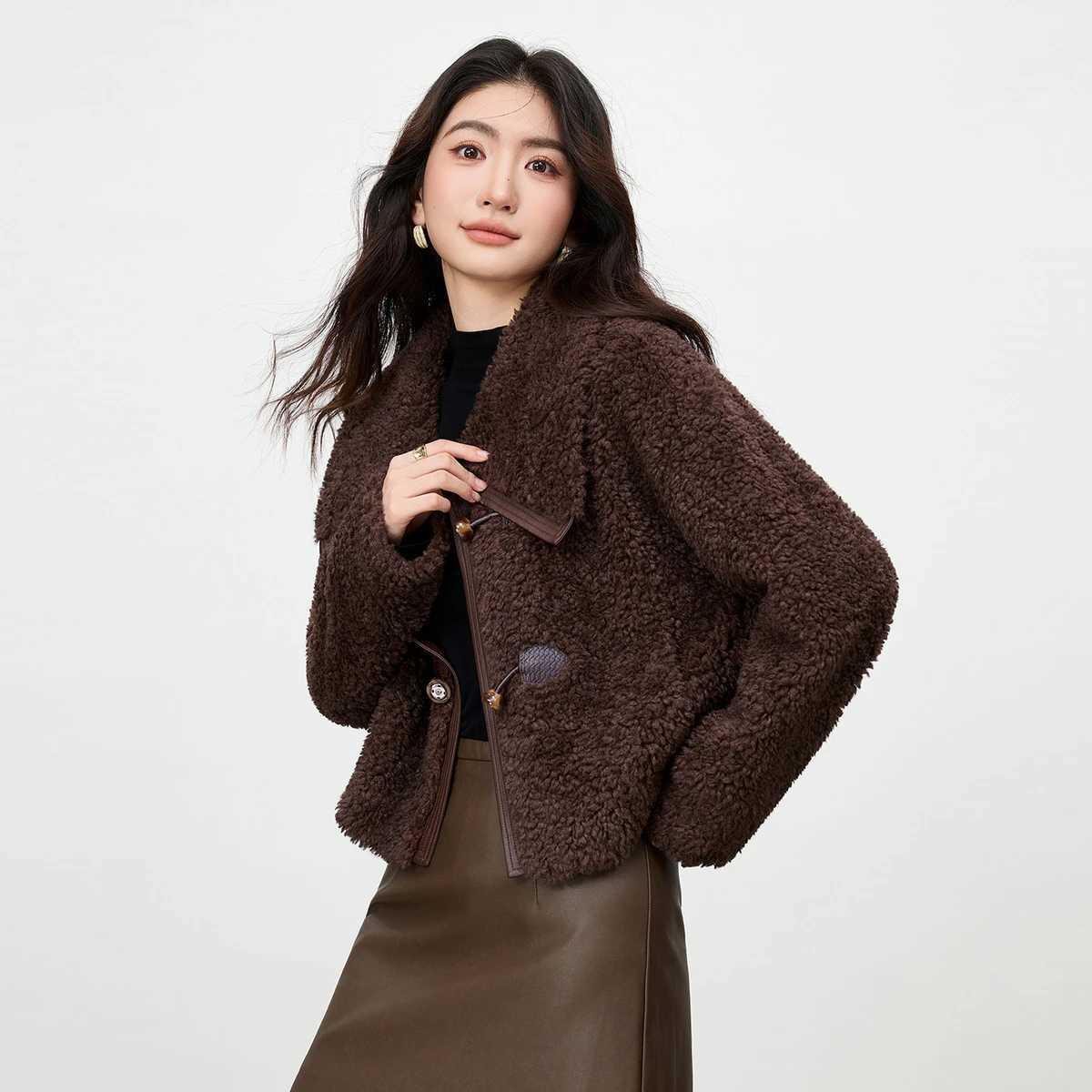 SENTUBILA Womens Granular Velvet Jacket 2025 Winter Wavy Texture Large TurnDown Collar Warm Non Puffy Loose Fit Coat W54WJ4039 J251103