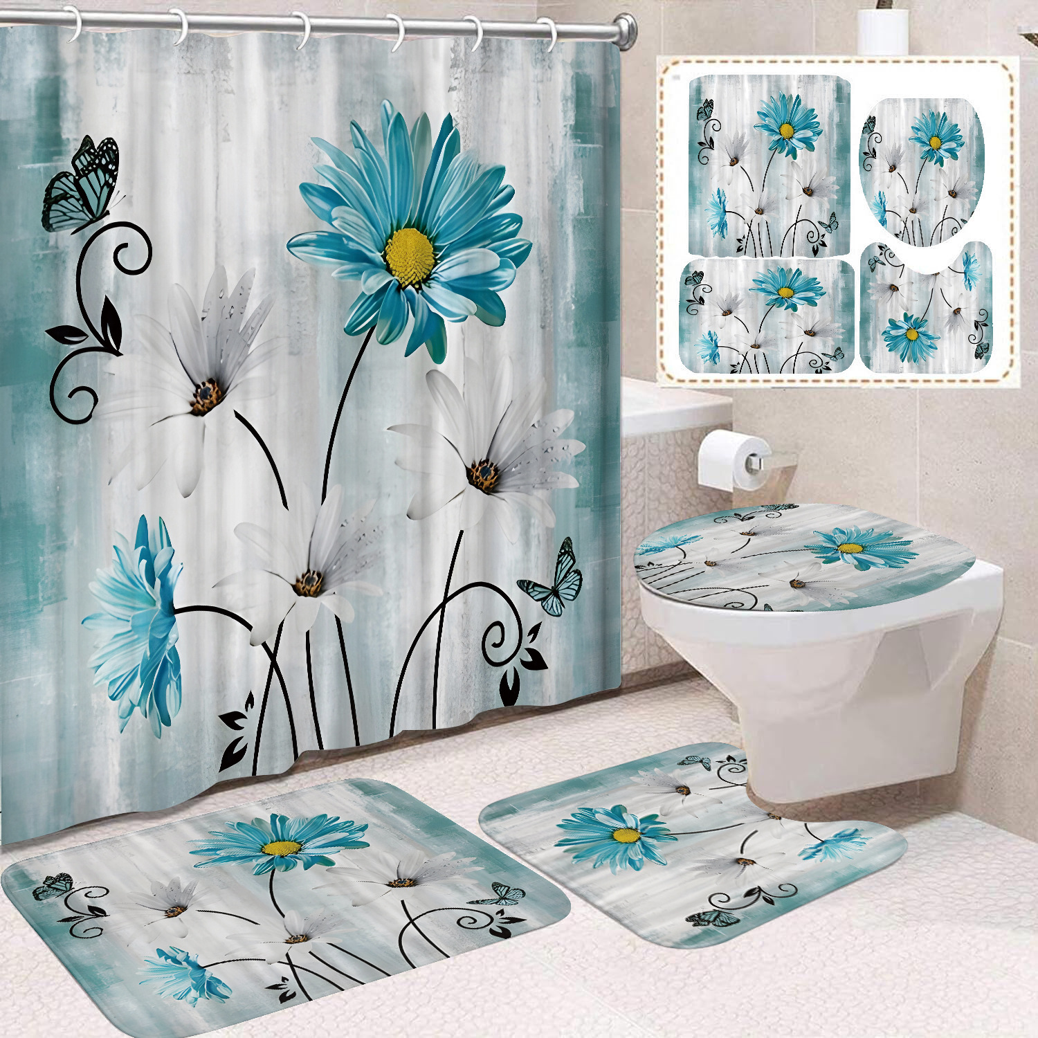 YL-37629 Popular 3D Digital Shower Curtain with Kitty Shower Design, Bathroom Dry and Wet Separation, Polyester with Hooks