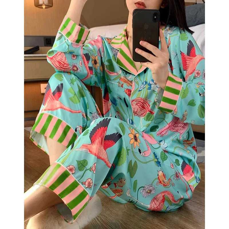 Fashion Pajamas for Women in Spring and Summer Long Sleeved Flower and Bird Patterns High-end New Luxurious Sexy Comfortable Home Decor Y251104