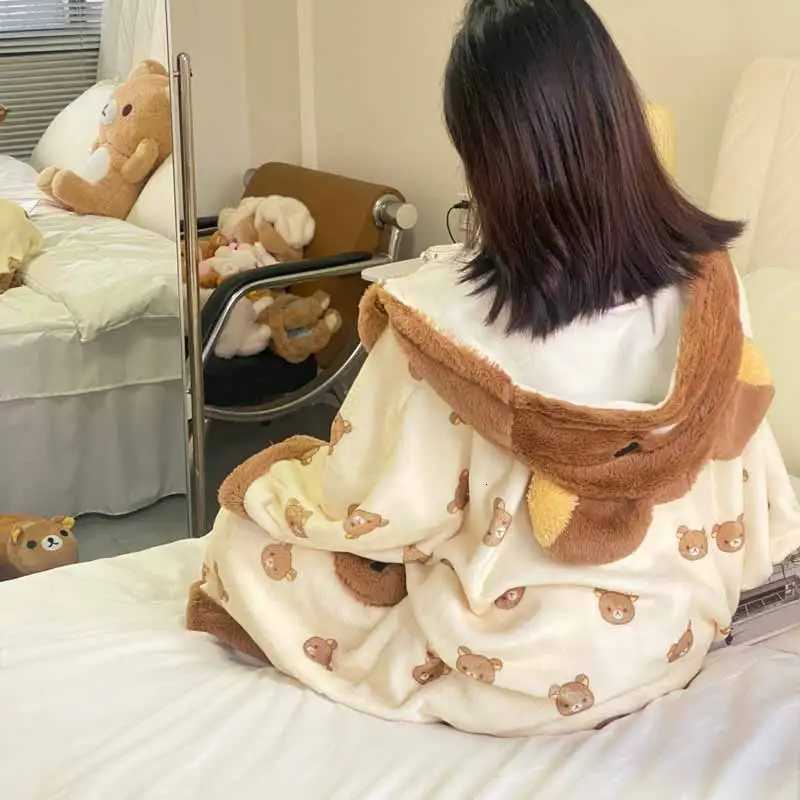 Fashion Cute Rilakkuma Cartoon Thick Robe Coral Flannel Hooded Pajamas Soft Comfortable Warm Autumn Winter Home Clothes Practical Gifts Y251104