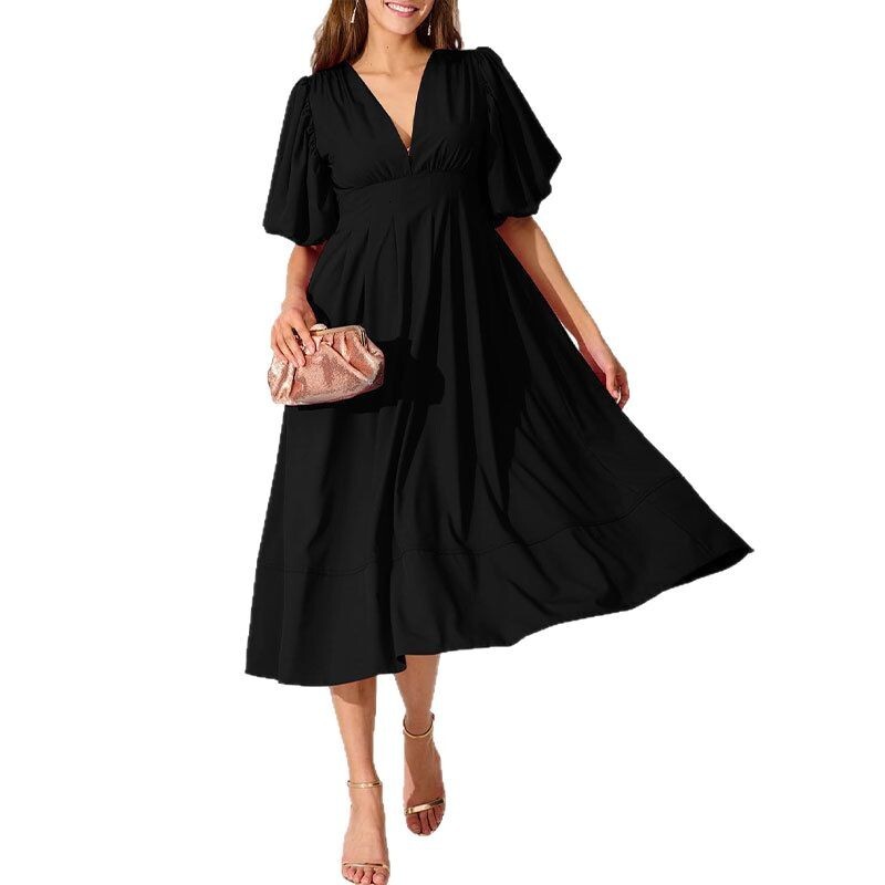 New 2025 Spring/Summer Womens Intelligent and Elegant V-neck Solid Color Dress