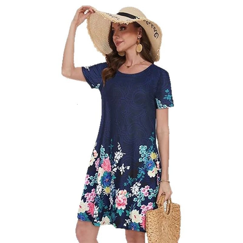 Womens 2025 new casual loose vacation style round neck short sleeved printed dress