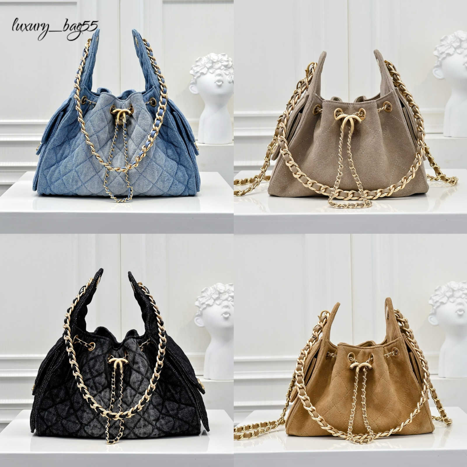 Designer shoulder diamond check long chain fashion bucket crossbody bag Big homeless person 25 suede leather grey casual luxury brand Medium hobo