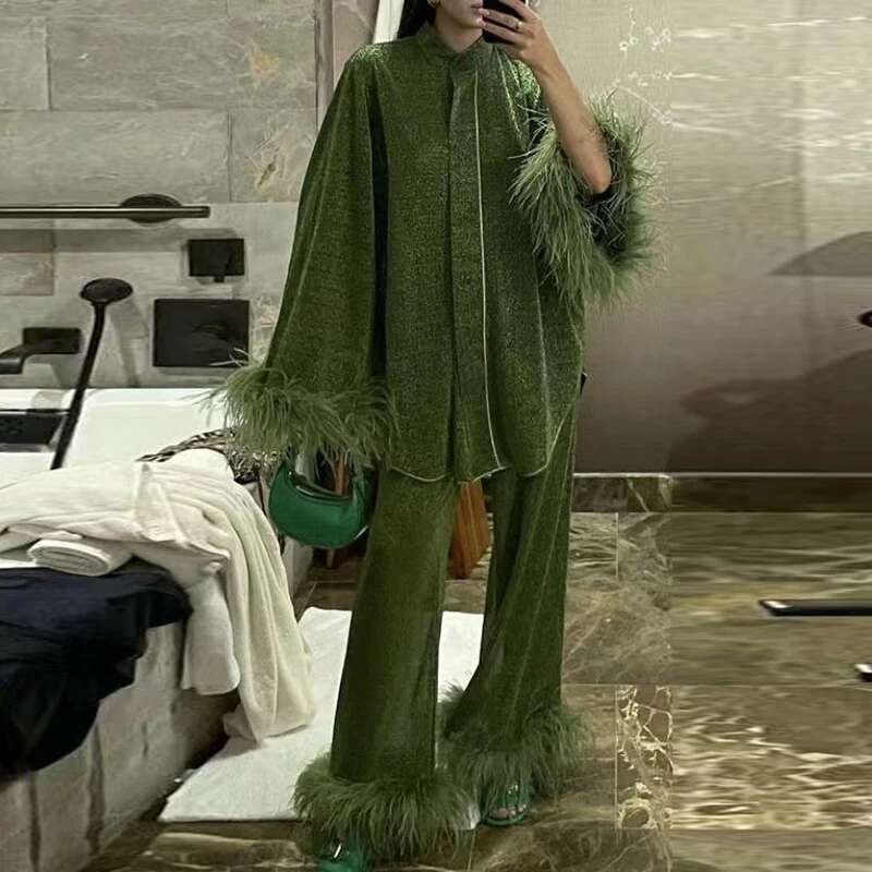 New Autumn Fashion Feather Patchwork Party Set Women's Stand Collar Long Sleeved Top And Pants Suit Elegant Button Solid Outfits