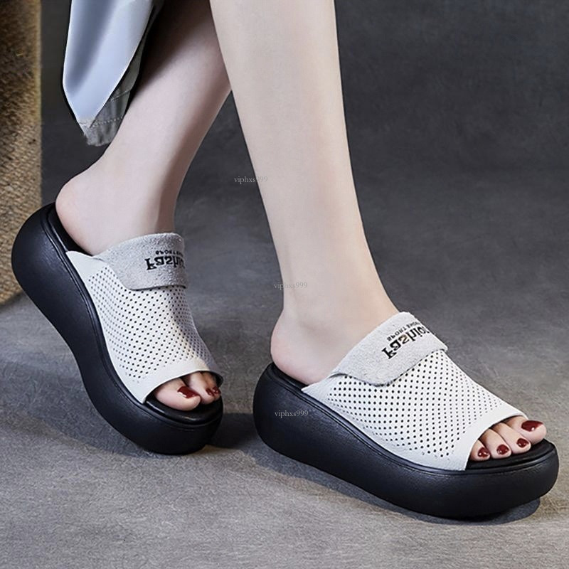 New Designer Sandals With Free Shipping Real Soft Leather Thick Soled Sponge Cake Shoes For Women Wearing Half Slippers Versatile And Stylish Hollow O