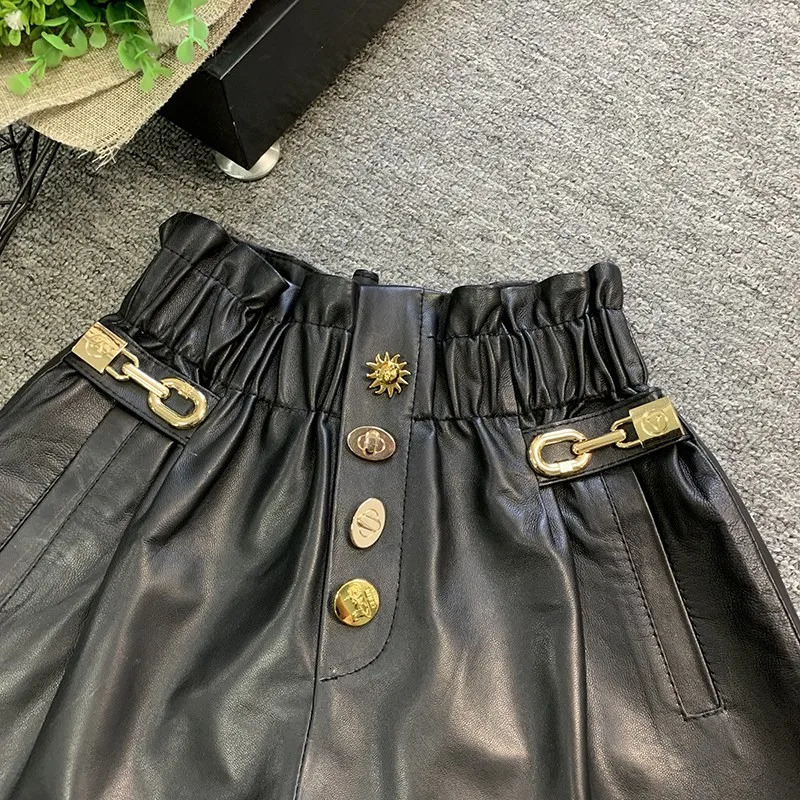Womens elastic waist wide leg shorts casual metal button leather soft sheepskin 250401