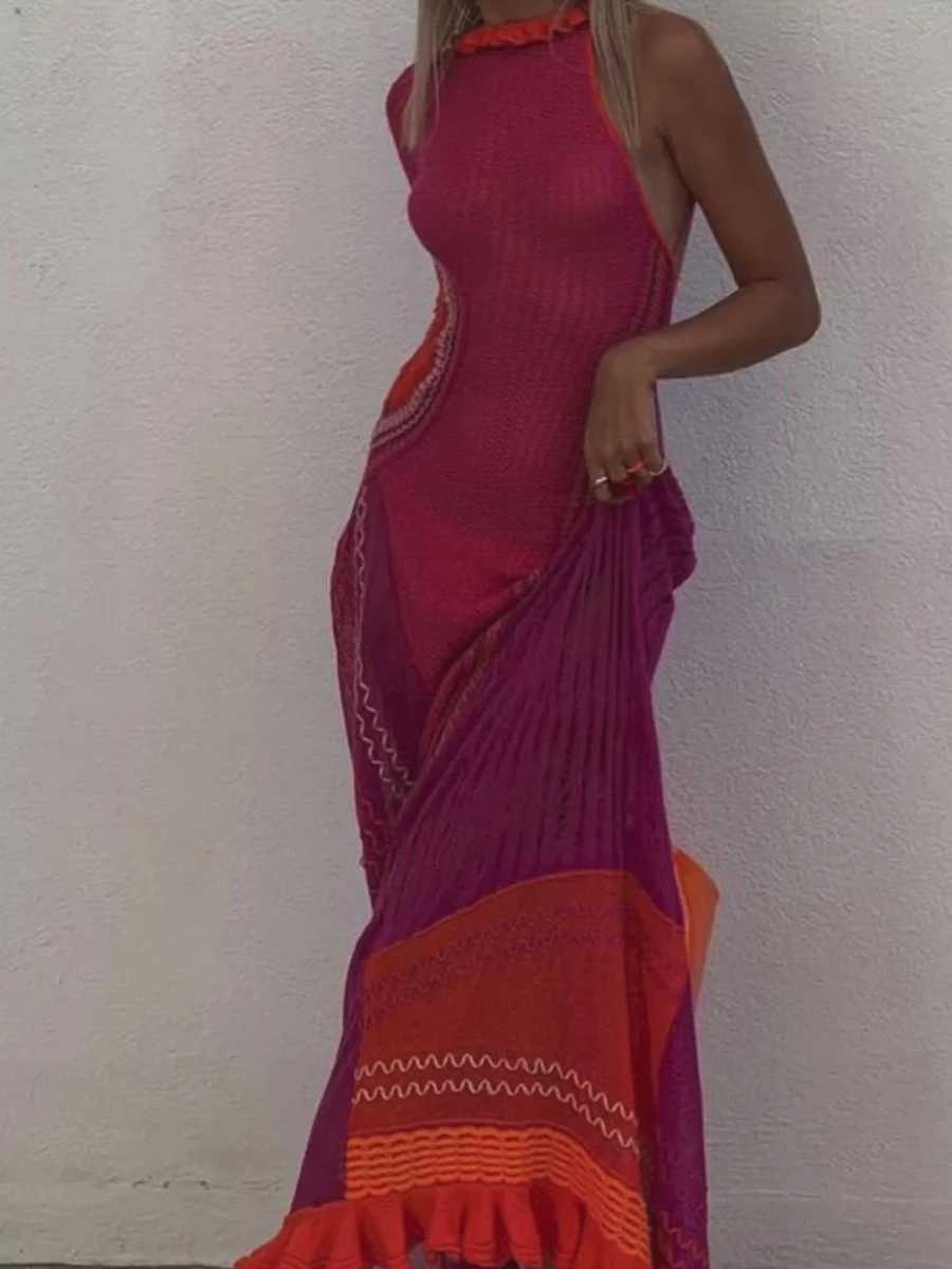 Crochet Knitted Dress for Women Contrast Hollow-Out S-Through One Shoulder Long Slve Beach Dress Bikini Cover-Ups X250403