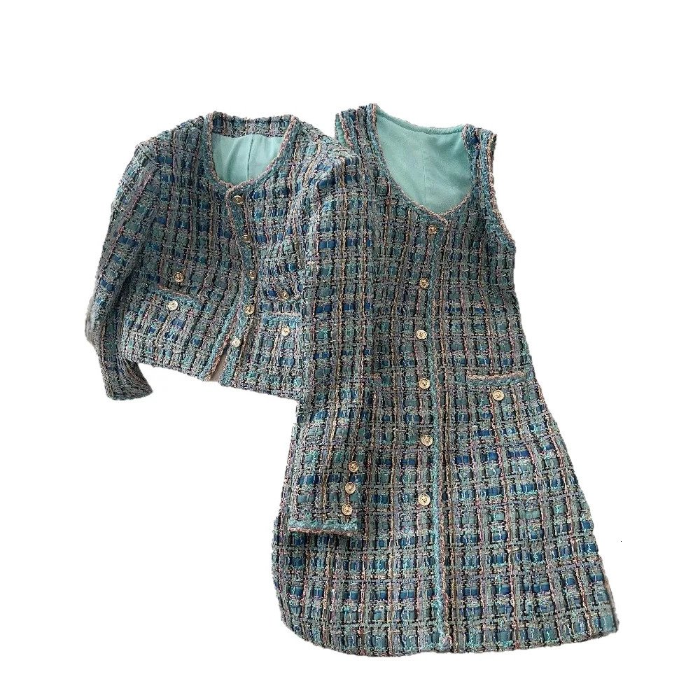 French Lady Blue Green Tweed round Neck Single Button Small Fragrance Style Jacket Vest Dress Set Casual Suit 251104