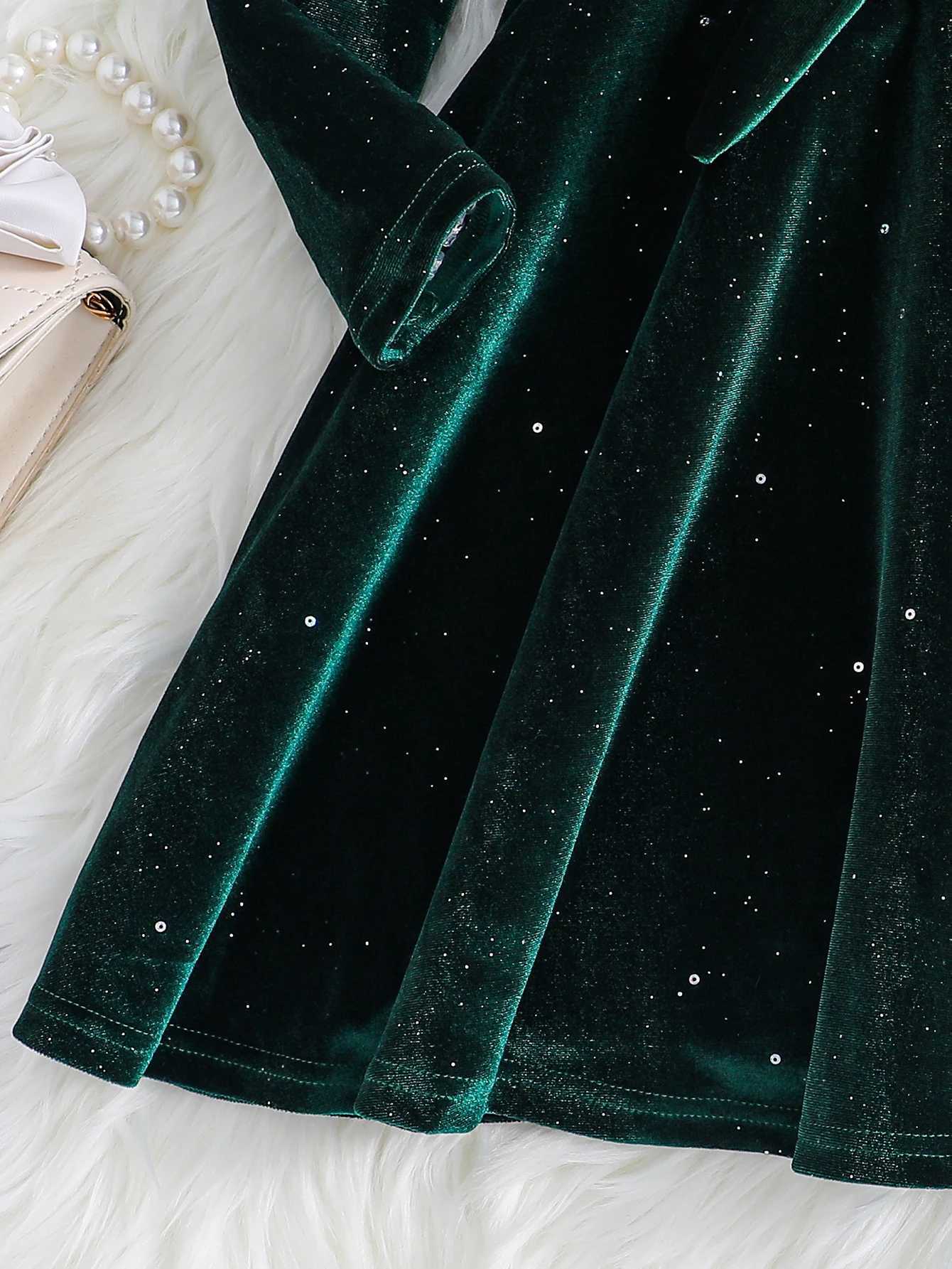 Autumn And Winter Girls Retro V-Neck Long-Sleeved Solid Color Sequined Birthday Party Dress With Belt C251104