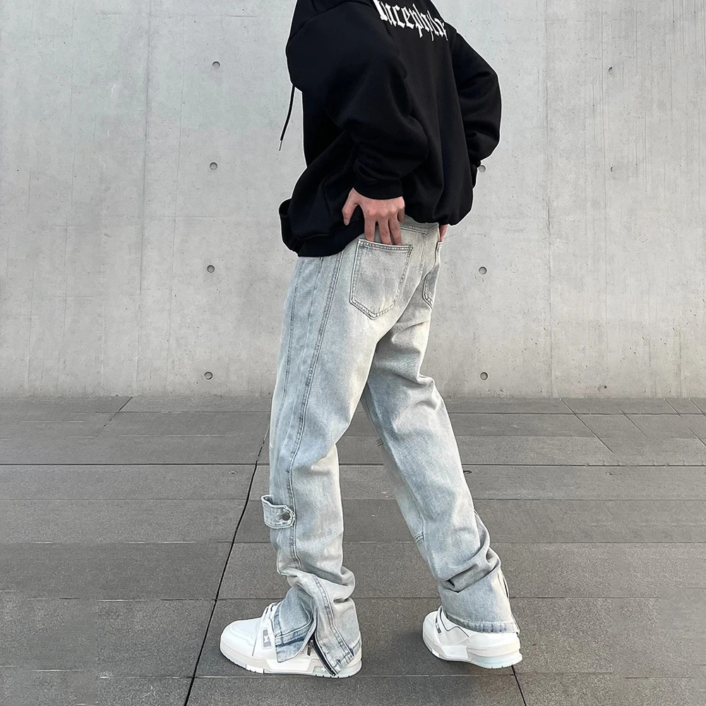 Mens Y2k autumn fashion casual zipper Flared Trouser ultra-thin blue retro winter stacked street original jeans 250402