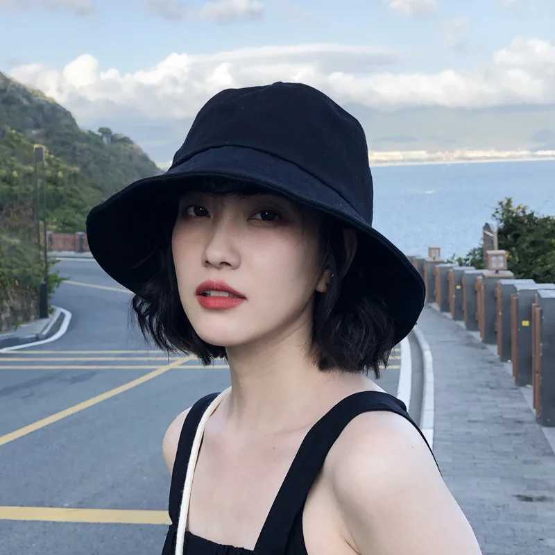 Summer Bucket Hat for Women Big Wide Brim Outdoor Soft Cotton Solid Color Sun Hats Portable Foldable Panama Hat for Ladies Y250707