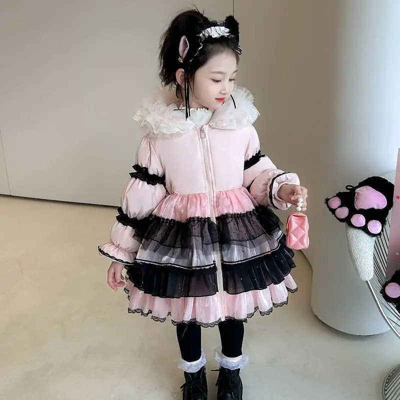 Sanrio Anime Hello Kitty Girl Lolita Long Down Jacket Dress Winter Thick Coat Bow Decoration Birthday Dress Halloween Gift H251104