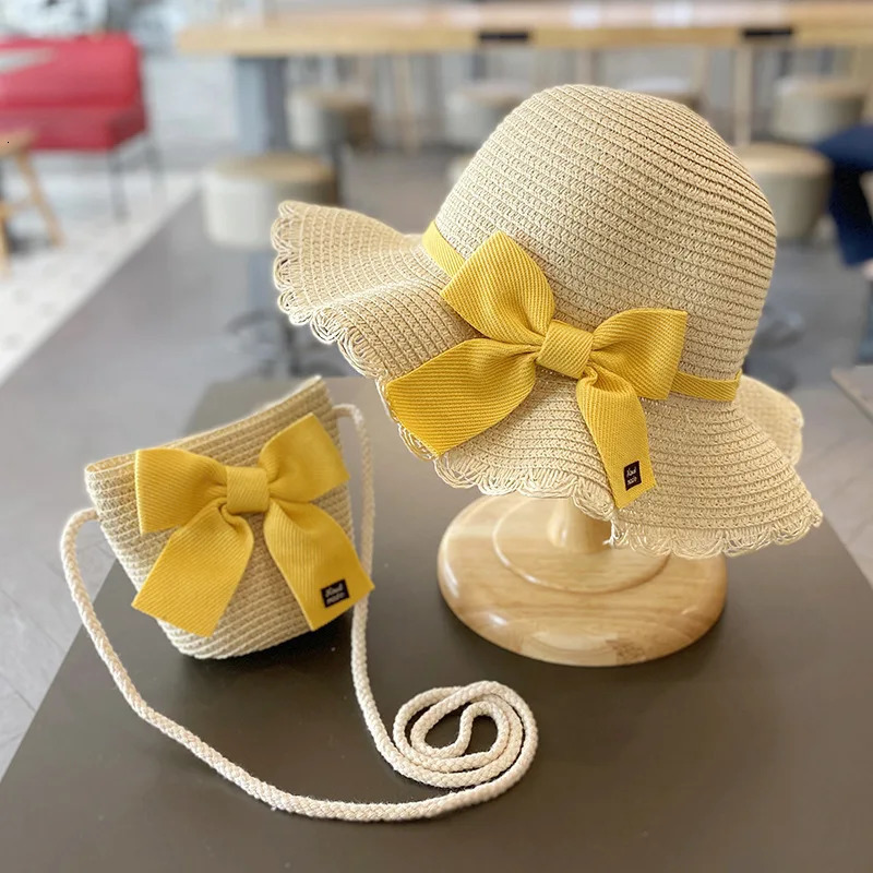 2-8 Years Kids Baby Straw Hat and Bag Girls Summer Sun Hat Travel Sun Protection Beach Hats Sun Fisherman Hat for Child 2pcs/set 250326