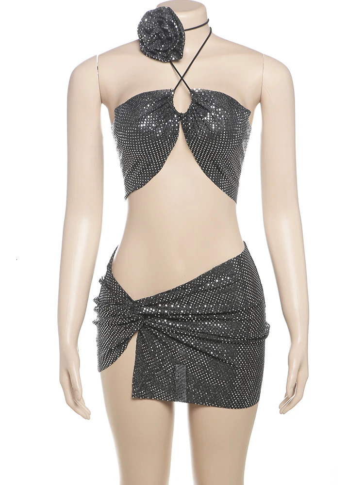 Nibber Vacation Sequins Sexy Women 2 Piece Set Summer Trend Halter 3D Flowers CamisoleKnot Skirts Summer Matching Suit Clubwear 250403