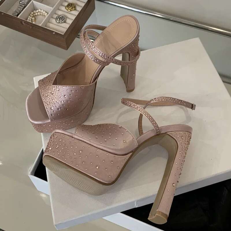 Eilyken Design Crystal Square Toe Woman Sandals Sexy High Heels Ankle Buckle Strap Party Banquet Shoes Atos De Mujer