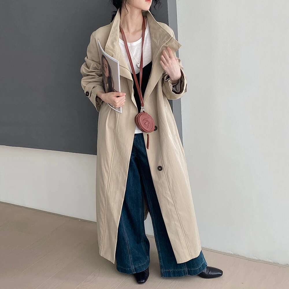 TWOTWINSTYLE Solid Casual Patchwork Lace Up Trench For Women Stand Collar Long Sleeve Spliced Button Loose Overcoat Female New