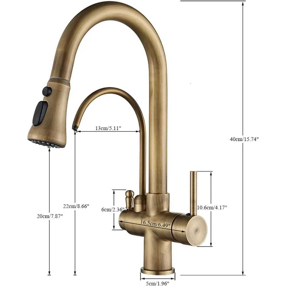 Vintage Brass Pl-Down Kitchen Faucet with Swivel Spout and Triple Function Spray Y251104