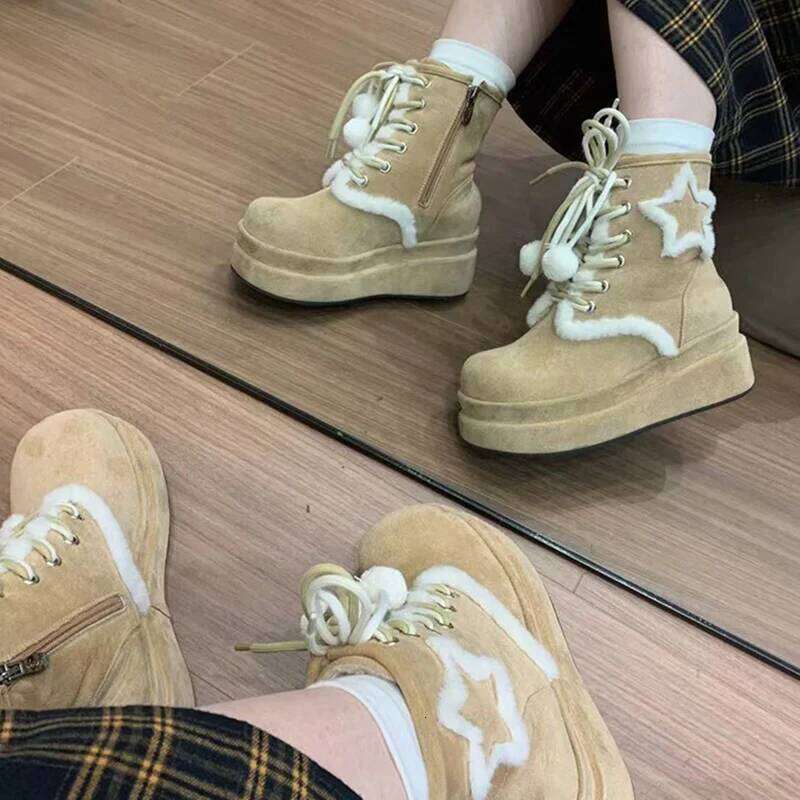 Fluffy Fur Thick Bottom Winter Cute Ankle Women 2025 Chunky Platform Wedge Heel Furry Kawaii Snow Boots Plush Y2K Shoes