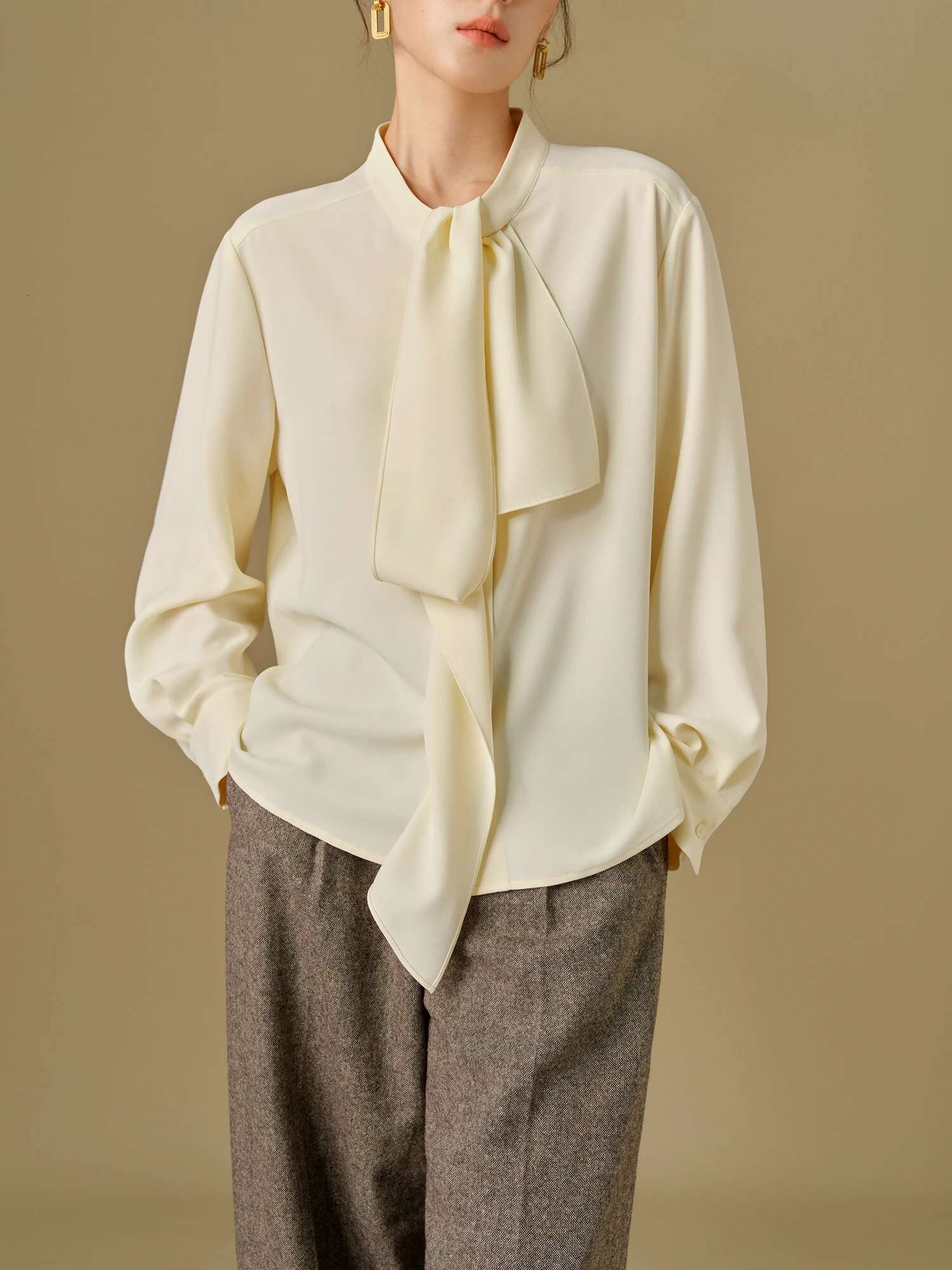 DUSHU Women Long Sleeve Blouses Winter Beige Commuter Shirts Tops Necke Ribbon Design Blue Drape Chiffon Shirt 24Dh84039