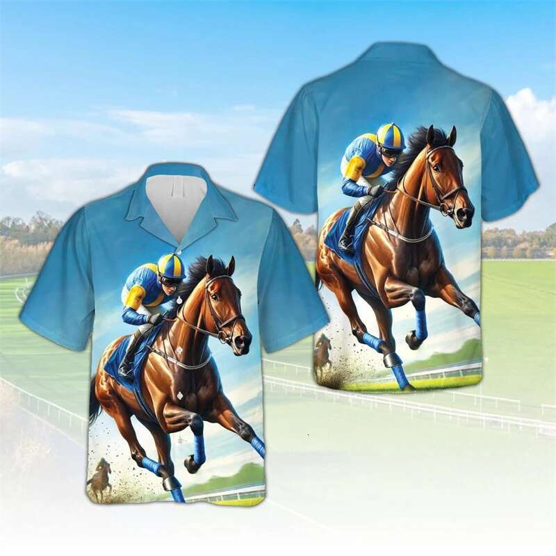 Men's Fashion Casual Loose Short Sleeve New Summer Retro America Style T-shirt Hip Hop Horse Racing Printing Shirt Blouses