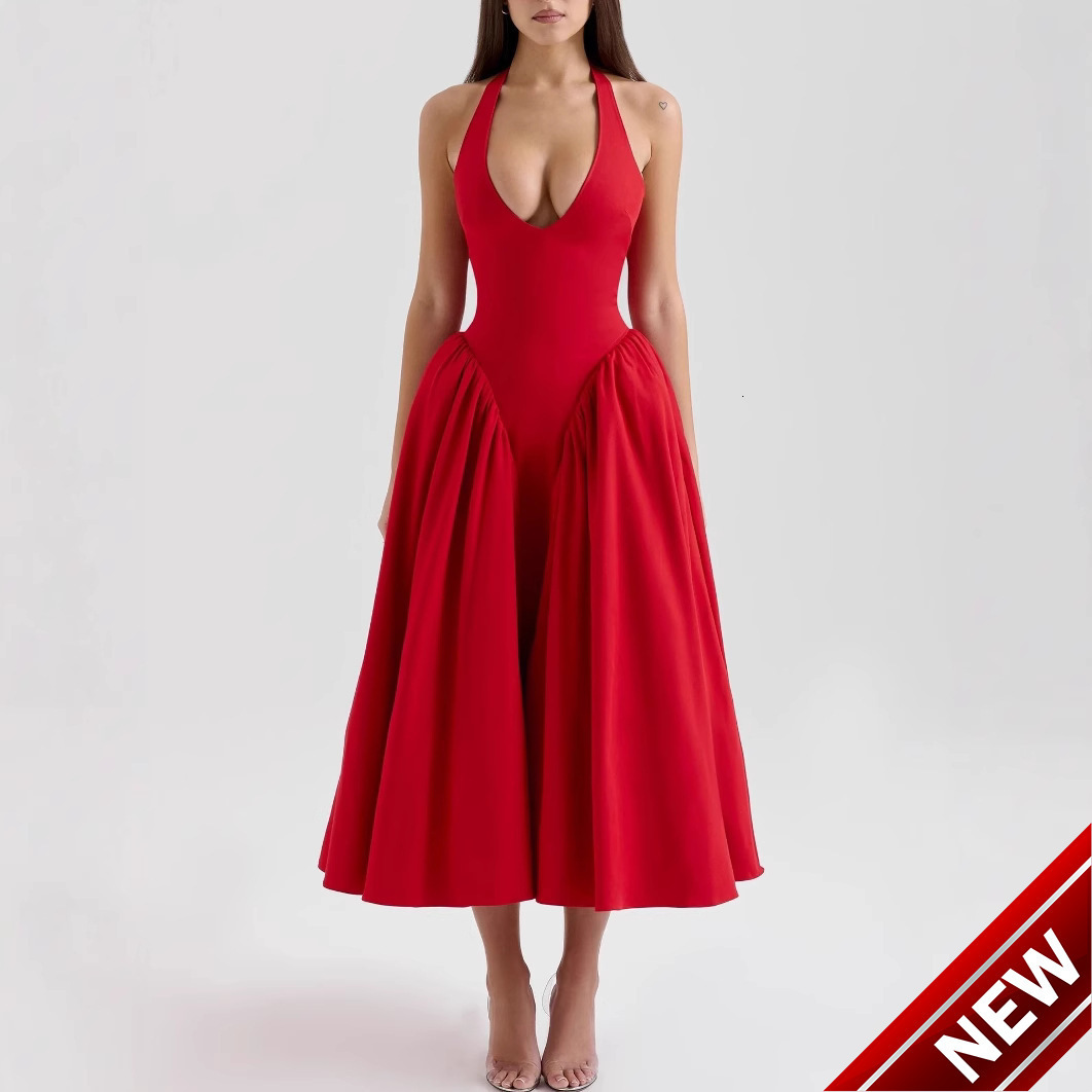 New 2025 Spring/Summer Collection Hanging Neck Splicing Solid Color Strap Dress for Slimming