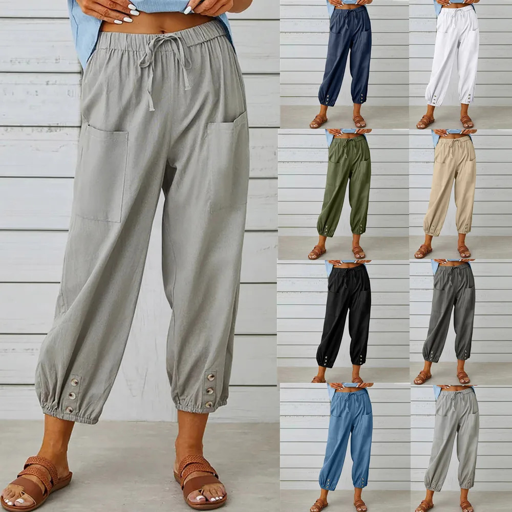 Women Simple Casual Trousers Cotton Linen Solid Color Pockets Drawstring Trousers Summer Thin Ladies Elastic Waist Chino Pants 250403
