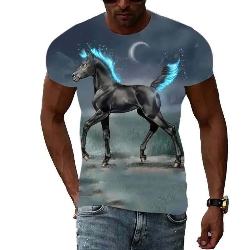 New Tide Summer Fashion Horse Picture T-shirts Casual Print Tees Hip Hop Personality Round Neck Short Sleeve Tops