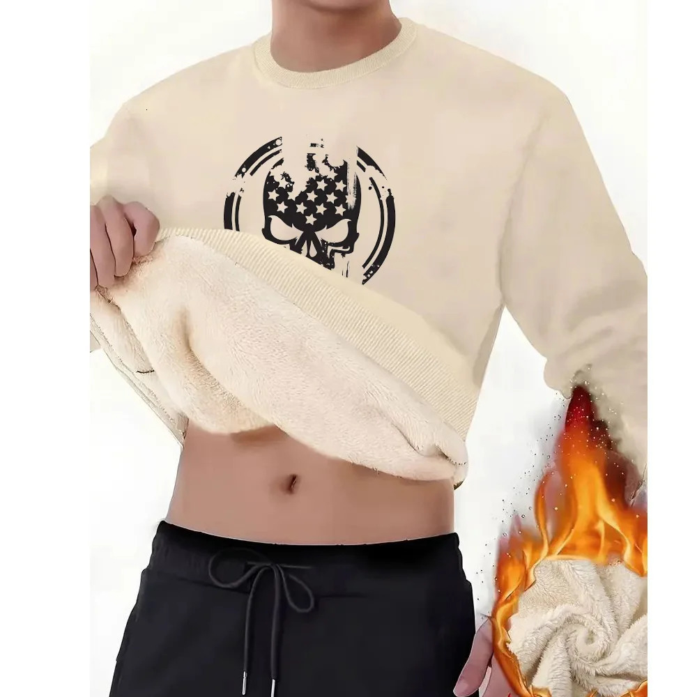 Cartoon skull round neck hoodie mens autumn and winter cashmere thick warm coat fashion loose tops Y 250321