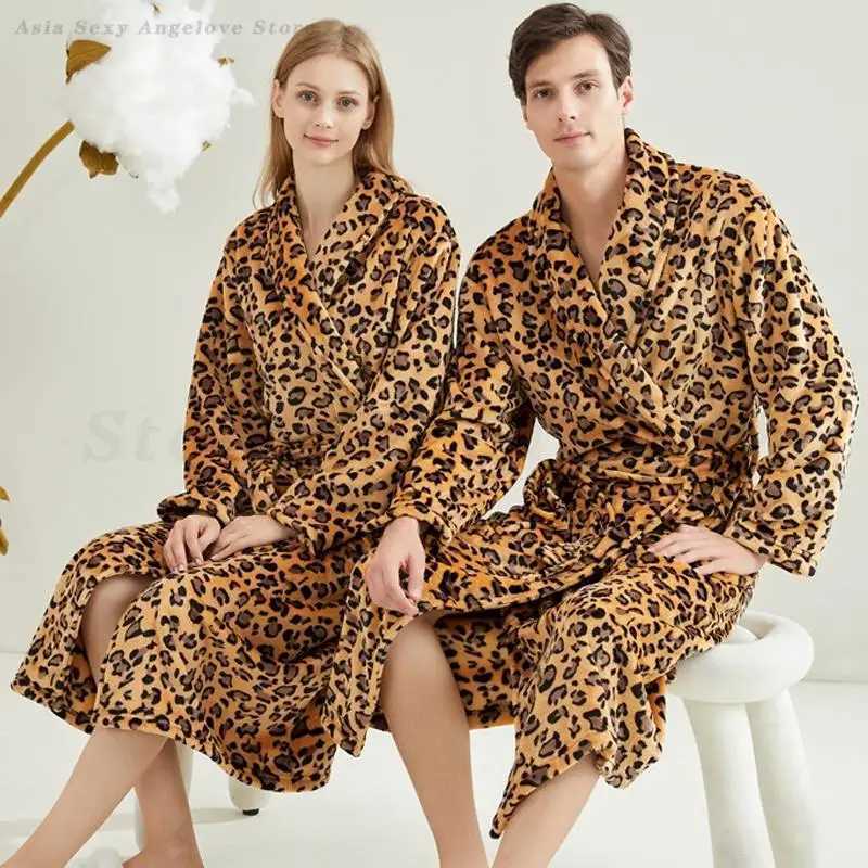 Couple Leopard Print Bath Robe Nightgown New Flannel Kimono Sleepwear Autumn Winter Lapel Home Wear Pajamas Loungewear Nightwear C251104
