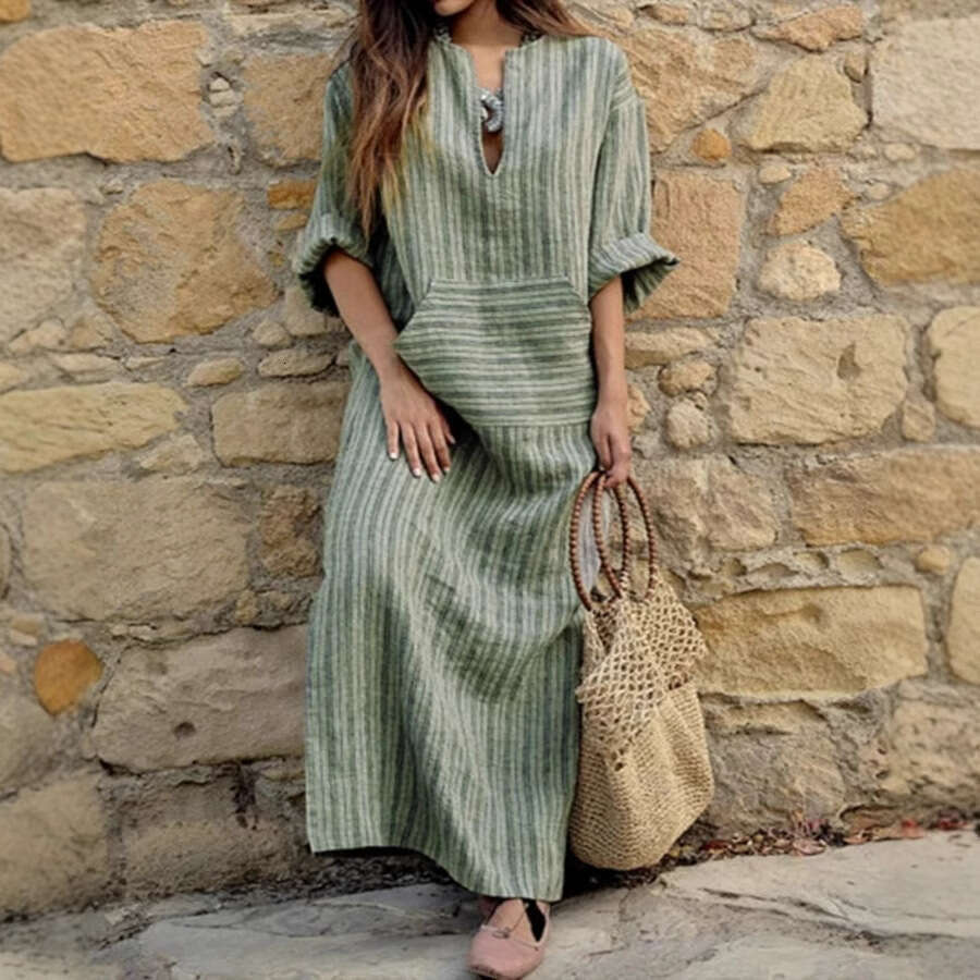Popular European American cotton and en yarn dyed striped loose dress with versatile temperament in 2025, new trendy clothing ins