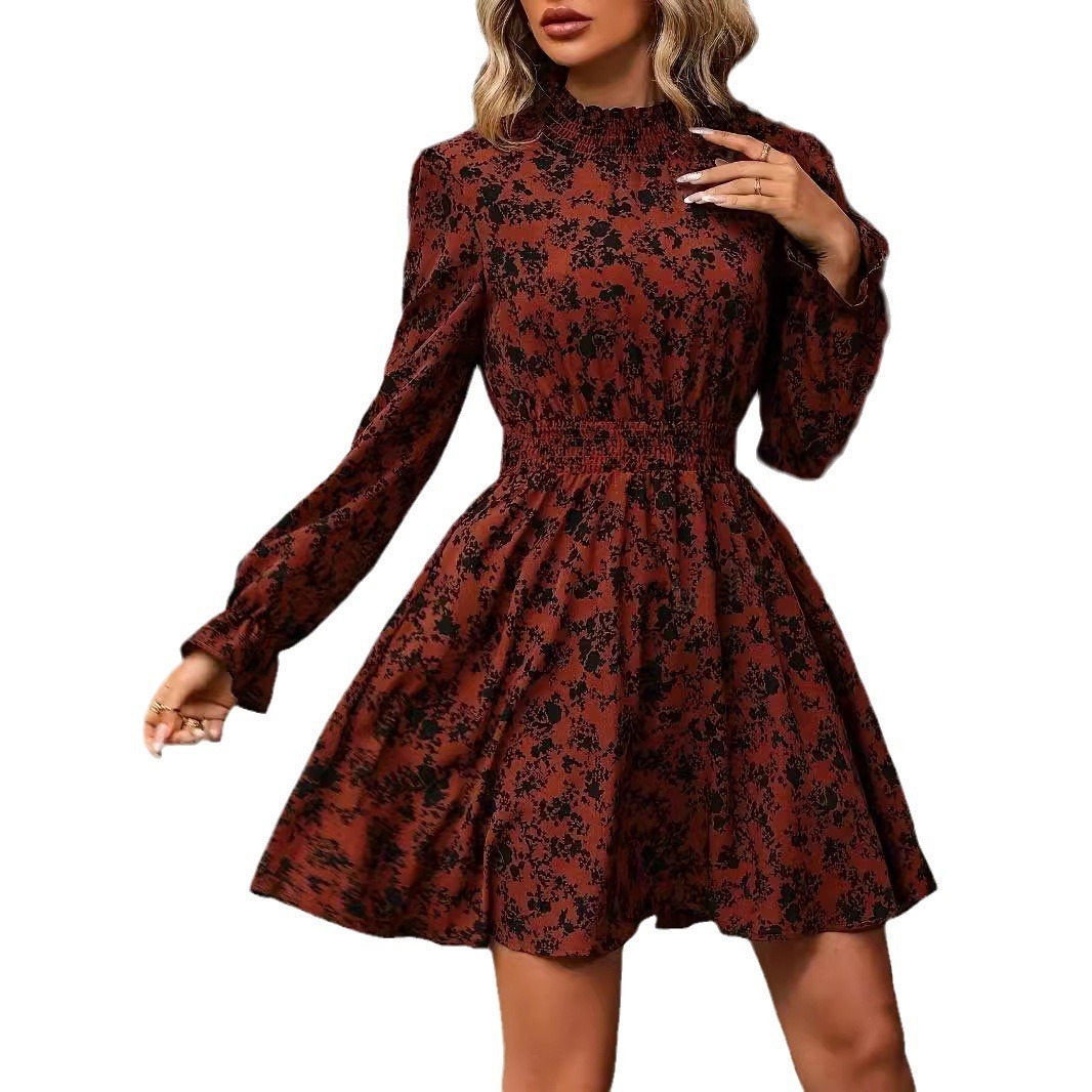 2025 autumn and winter womens French floral slim waist stand collar trumpet long sleeved mid length dress