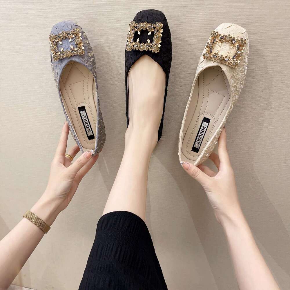 Single shoe women's 2024 spring/summer new fairy style shallow mouth one foot casual rhinestone square toe bean shoes