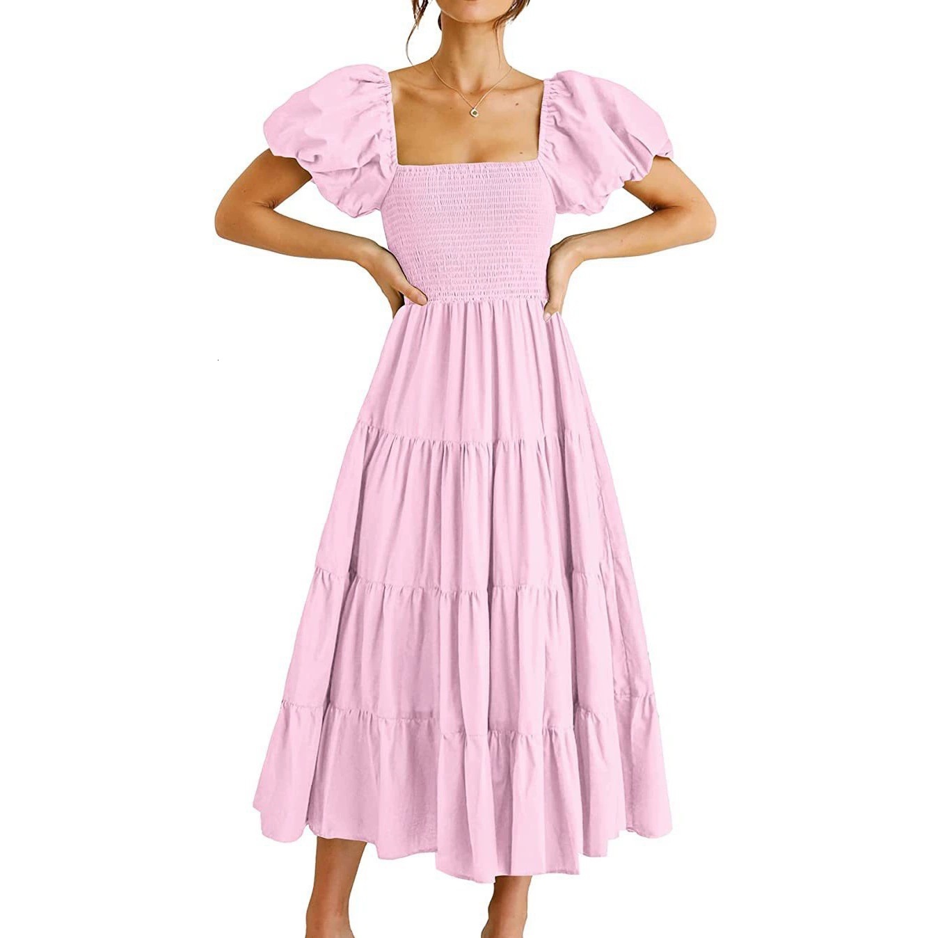 2025 Womens Loose Casual Bubble Sleeve Long Solid Color Dress