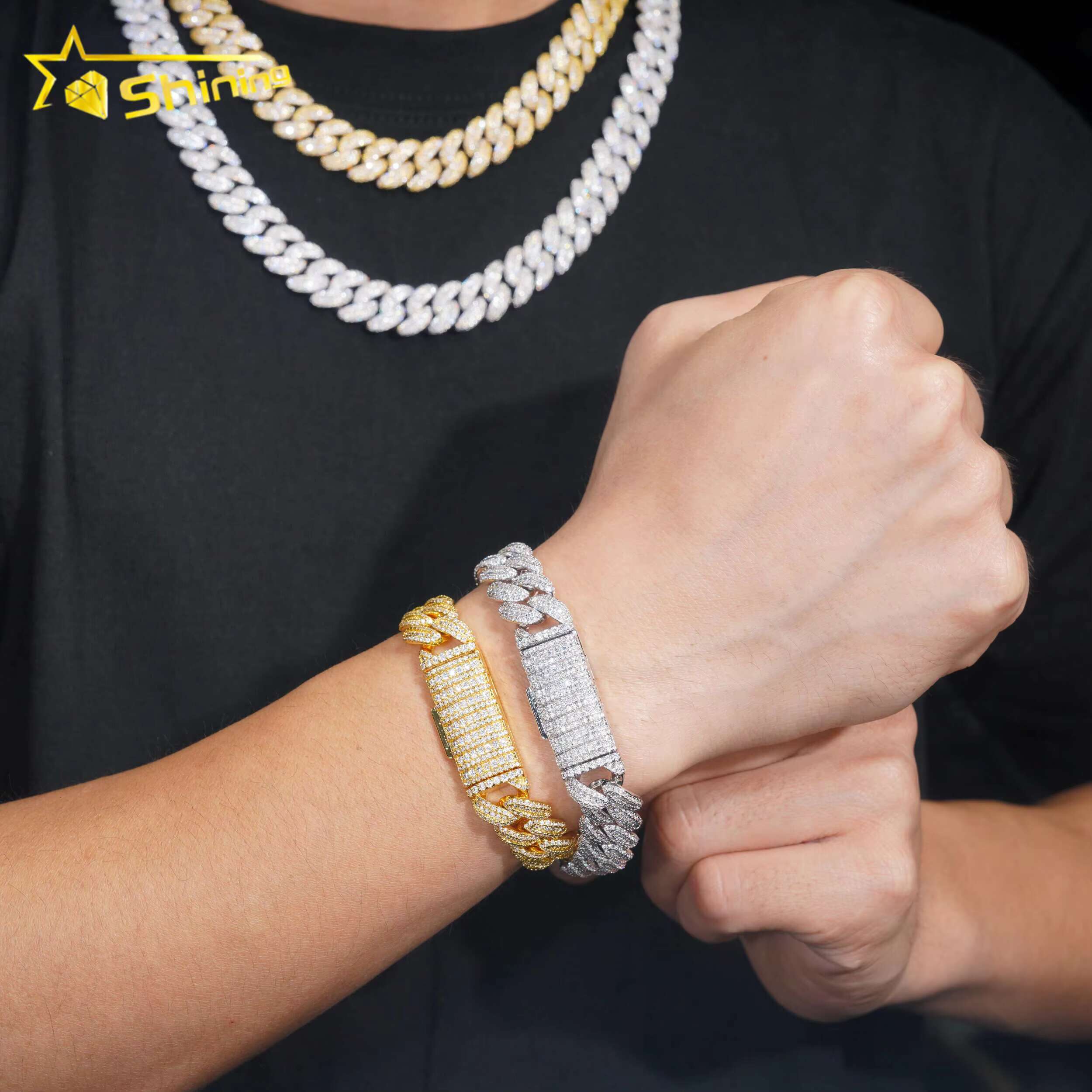 Luxury Men Hip Hop Fashion Jewelry Iced Out Gold Plated Cuban Link Chain Brass CZ Cuban Bracelet and Necklace