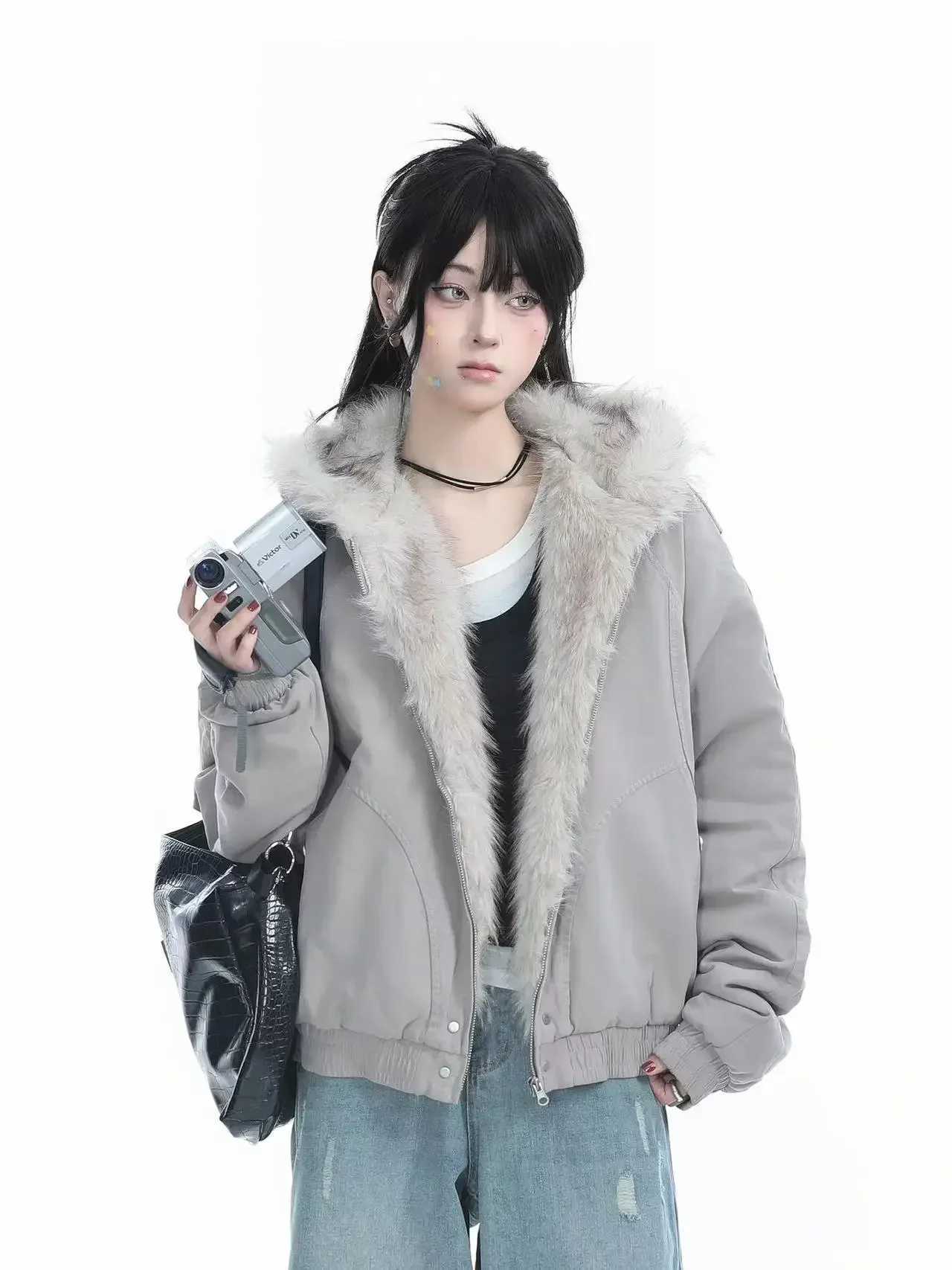 Winter American Retro Fur Collar Women Padded Hooded CottonPadded Jacket Plush Casual Street Gothic Harajuku Oversize Coat J2511031