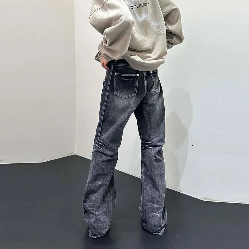 Mens flat pants denim pants floor length jeans casual pockets buttons zippers high waisted autumn patchwork straight Trousers 250402