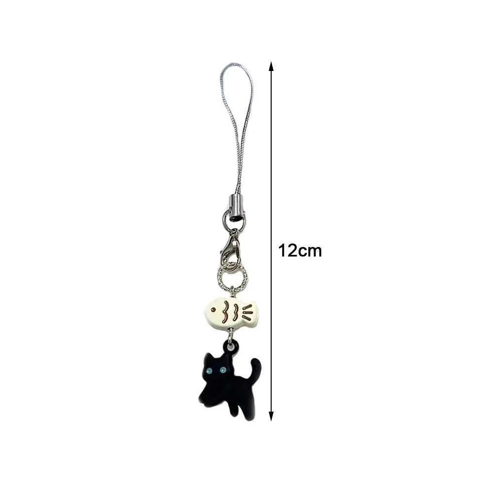 Cute Black Cat Keychain Cartoon Mobile Phone Chain Camera Earphones Pendant Bag Decorative Chain Kawaii Keyring Y2K AccessoriesW251103