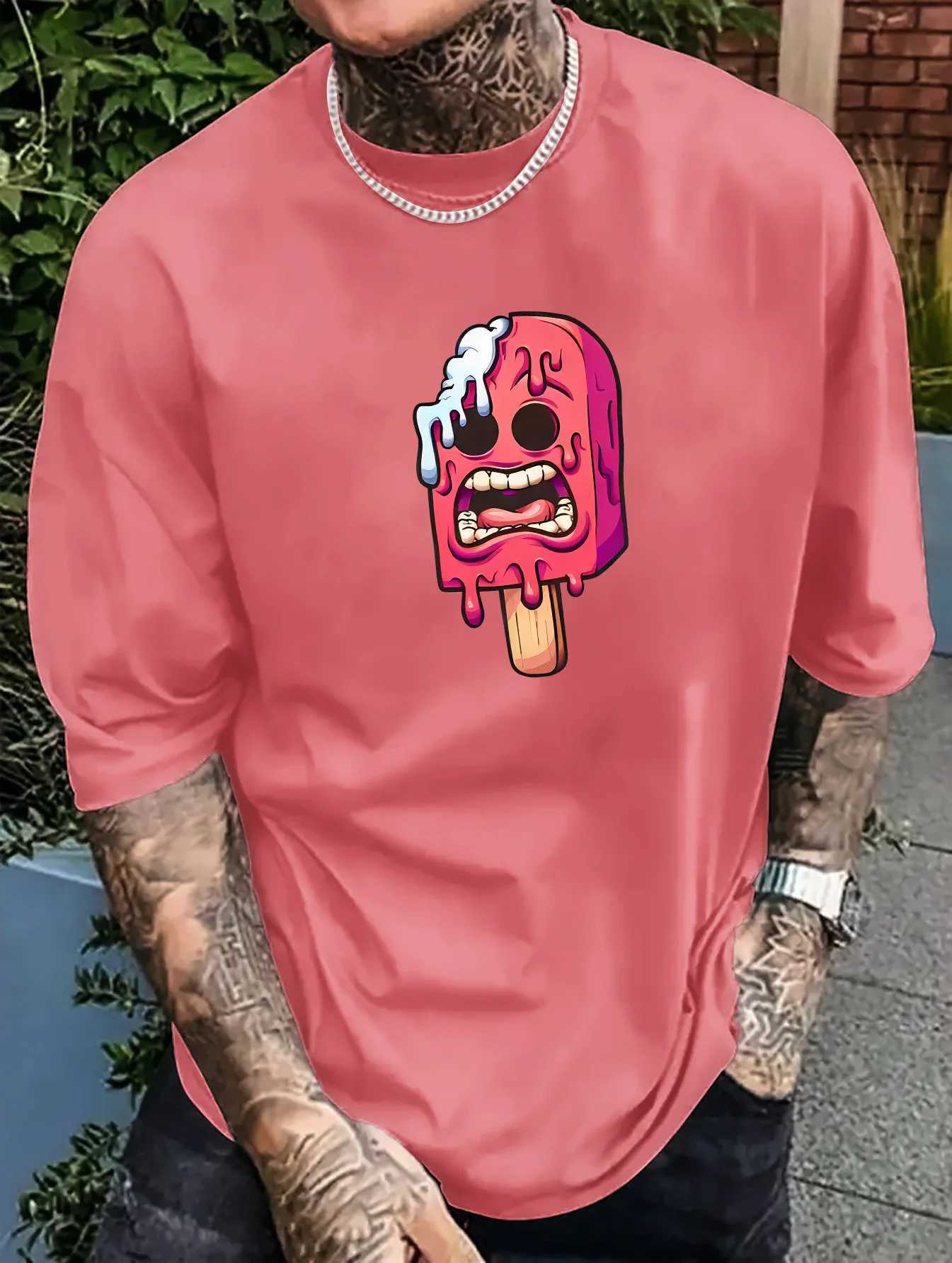 Mens Pink Ice Stick Graphic T-shirt - Fun Cartoon Design Casual and Comfortable Polyester Fiber Short Sleeve Retro Summer Top W250403