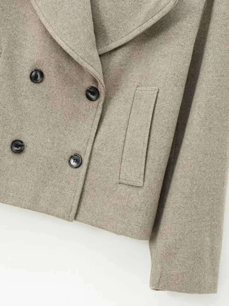 Womens Short DoubleBreasted Woolen Coat Lapel Collar Long Sleeve Female Outerwear Chic Tops Fashion J251103