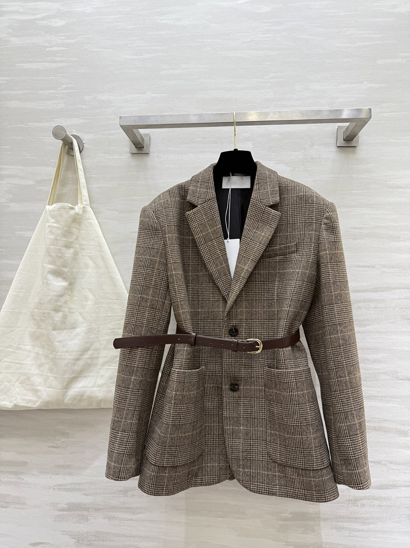 2026 Spring Khaki Plaid Belted Blazers Long Sleeve Notched-Lapel Buttons Single-Breasted Outwear Coats WS5N04 Check Size Chart Please
