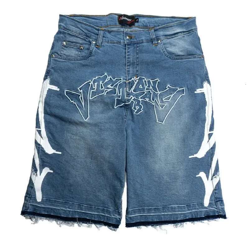 New Haruku Letter Embroidery Black Jeans Hip Hop Vintage Baggy For Men Casual Gym Denim Shorts Streetwear