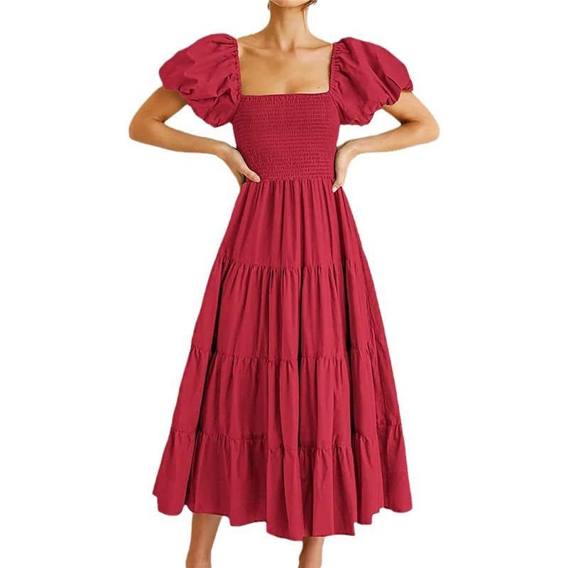 2025 Womens Loose Casual Bubble Sleeve Long Solid Color Dress