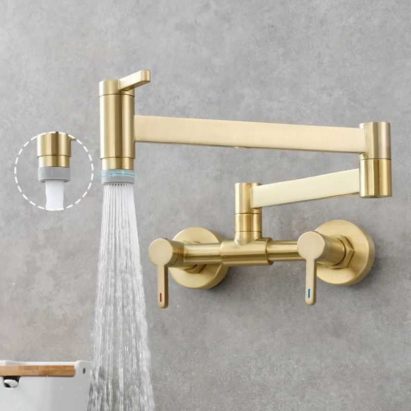 Pot Filler Tap Wall Mounted Foldable Kitchen Faucet Hot and Cold Single Hole Sink Tap Rotate Folding Spout Bed Gold Brass Y251104